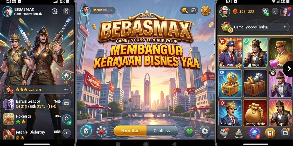 Screenshot utama BEBASMAX menampilkan gameplay seru saat membangun kerajaan bisnis.
