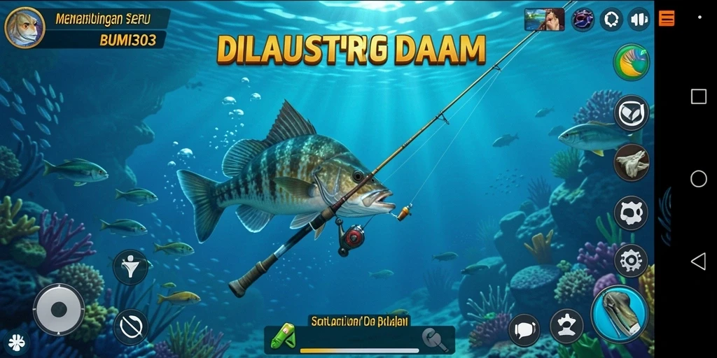 Screenshot utama BUMI303 menampilkan aksi memancing di laut yang menggugah.