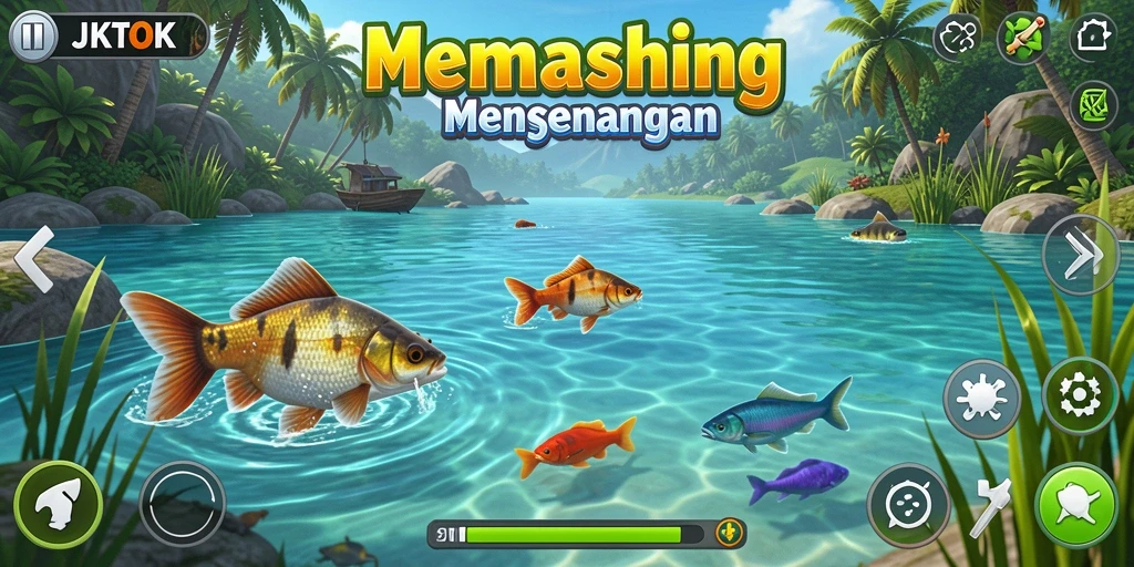 Tampilan gameplay JKTOK dengan suasana memancing yang menenangkan.