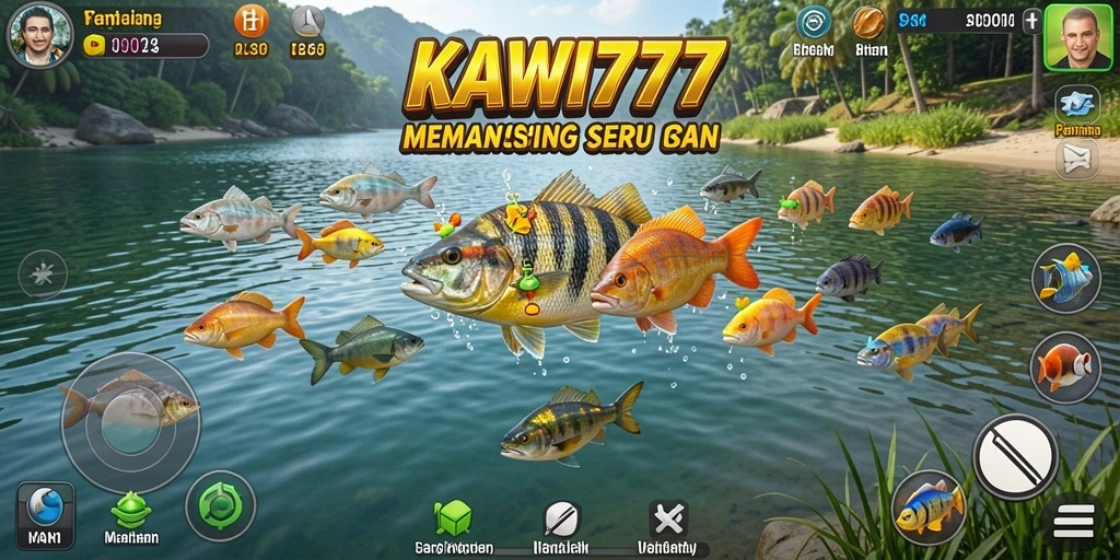 Screenshot utama KAWI777 menampilkan adegan seru saat memancing di laut.