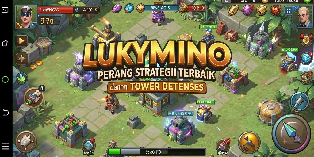 Tampilan gameplay LUKYMINO dengan strategi menara yang epik.