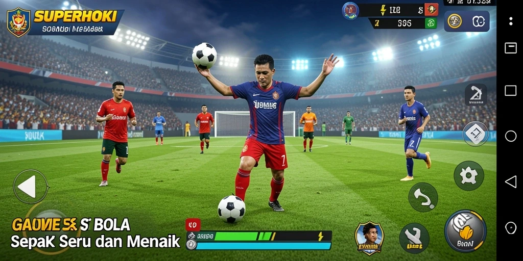 Gameplay SUPERHOKI menampilkan aksi seru di lapangan sepak bola.